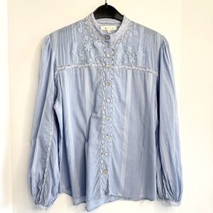 LoveShackFancy Ronda Long Sleeve Blouse Size L Cottagecore Embroidered Lace Blue
